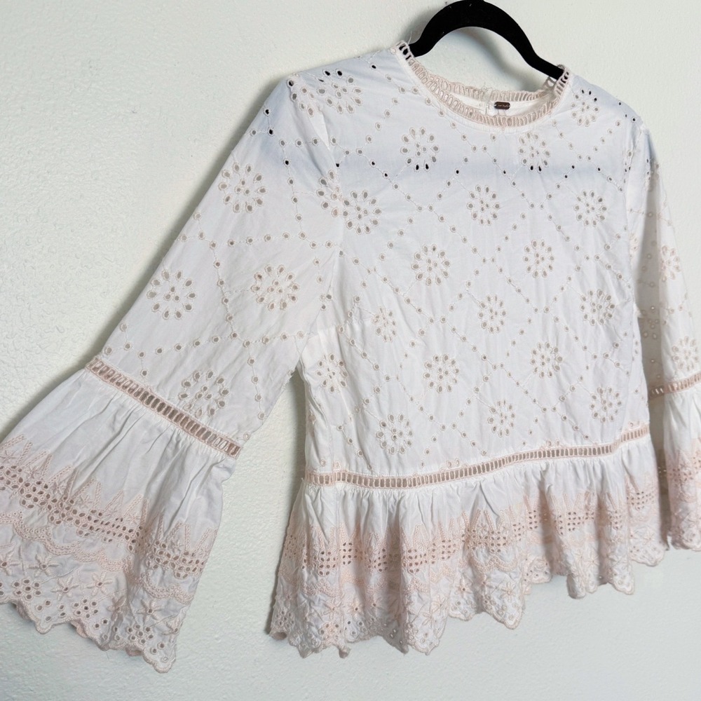 Free People Eyelet Lace Peplum Top Cream Boho Cottagecore Small